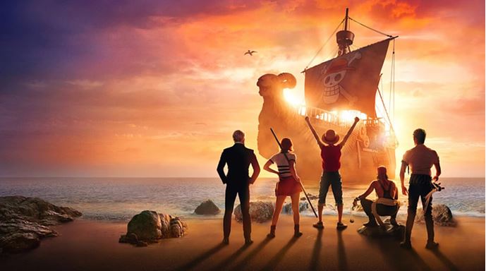 One Piece live-action official poster featuring the Straw hat Pirates and their ship.