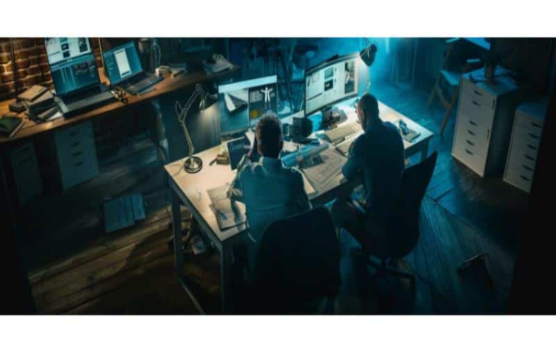 Two colleagues focused on a desk in a low-light environment, leveraging cloud-based proposal software for their tasks.